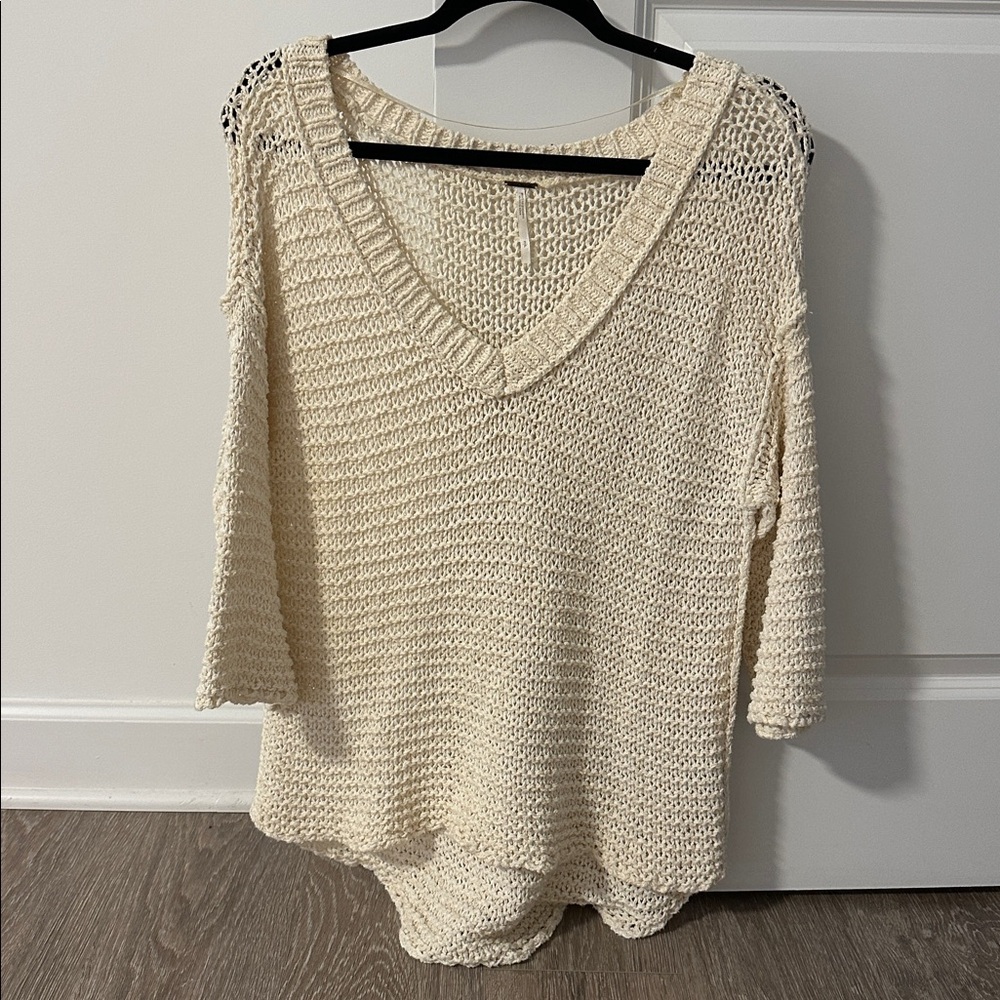 Free People Cream Open-Knit V-Neck Sweater - Size SP - Picture 2 of 6